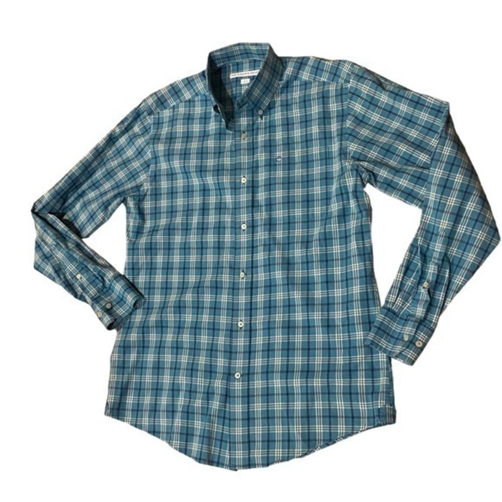Mens Small Southern Tide Button Shirt Blue Green Plaid Classic Fit *Tiny Flaw*